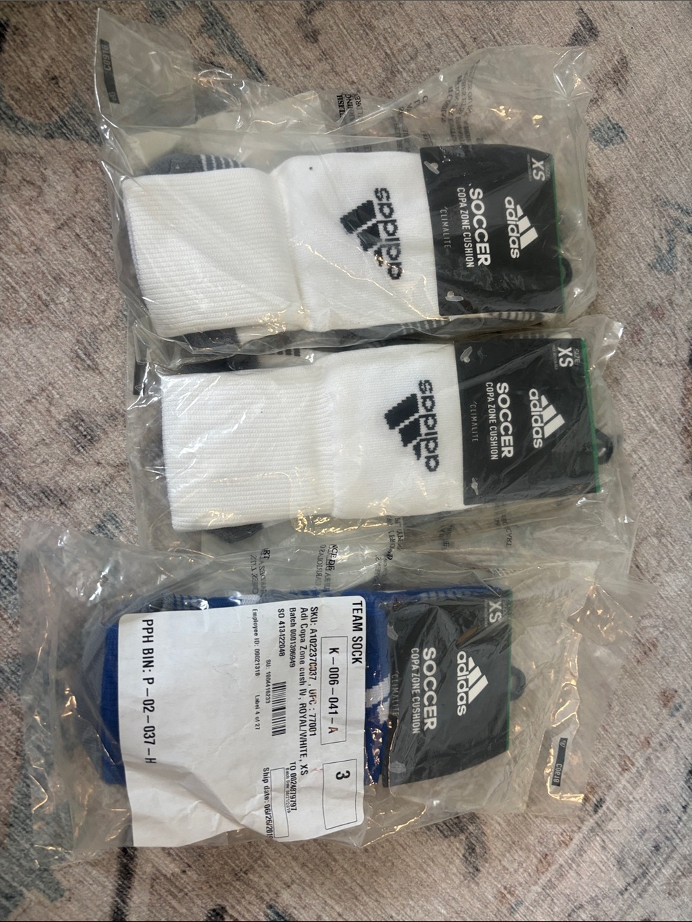 adidas XS White and Blue Soccer Crew Socks – Pack of 3